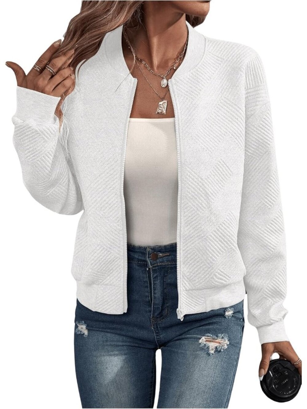 Women's White Ribbed Cuffs Long Sleeve Aviator Baseball Neckline Bomber Jacket